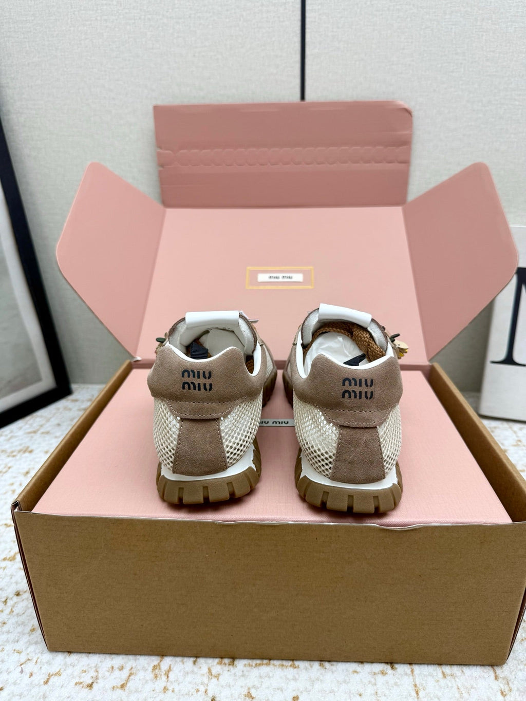 MIUMIU 26S CHARM SNEAKERS IN BROWN SUEDE AND WHITE MESH