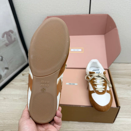 MIUMIU 26S SNEAKERS IN WHITE FABRIC AND BROWN SUEDE STYLE 12