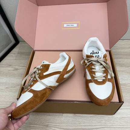 MIUMIU 26S SNEAKERS IN WHITE FABRIC AND BROWN SUEDE STYLE 12