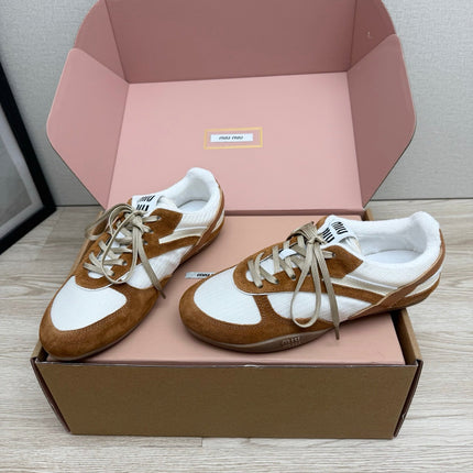 MIUMIU 26S SNEAKERS IN WHITE FABRIC AND BROWN SUEDE STYLE 12
