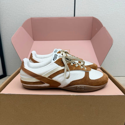 MIUMIU 26S SNEAKERS IN WHITE FABRIC AND BROWN SUEDE STYLE 12