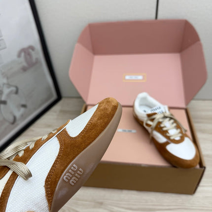 MIUMIU 26S SNEAKERS IN WHITE FABRIC AND BROWN SUEDE STYLE 12