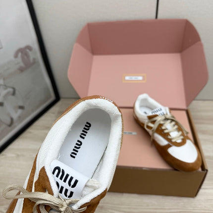 MIUMIU 26S SNEAKERS IN WHITE FABRIC AND BROWN SUEDE STYLE 12
