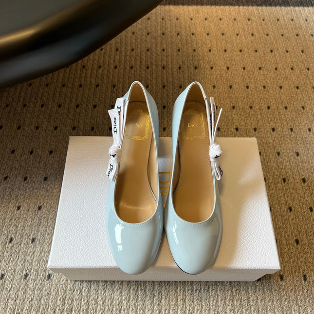 DIOR 26S HIGH HEELS 80 MM IN LIGHT BLUE PATENT CALFSKIN WITH RIBBON BOW