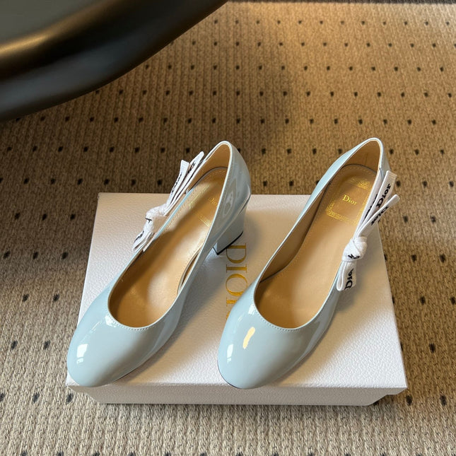 DIOR 26S HIGH HEELS 80 MM IN LIGHT BLUE PATENT CALFSKIN WITH RIBBON BOW