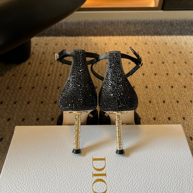 DIOR 26S HIGH-HEEL SANDALS 80 MM IN BLACK CRYSTAL-EMBELLISHED AND LAMBSKIN
