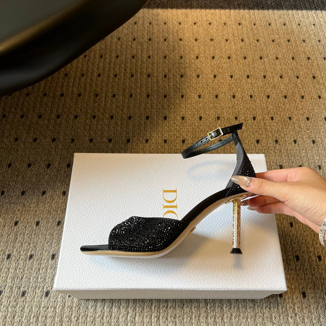 DIOR 26S HIGH-HEEL SANDALS 80 MM IN BLACK CRYSTAL-EMBELLISHED AND LAMBSKIN