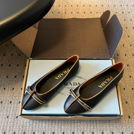 PRADA 26S POINTED TOE BOW FLATS IN BLACK CALFSKIN