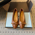 PRADA 26S POINTED TOE BOW FLATS IN CARAMEL BROWN CALFSKIN