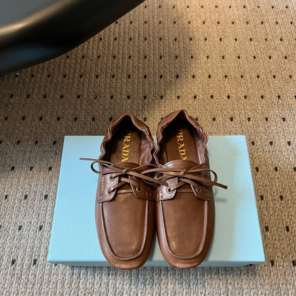 PRADA 26S LACE UP SQUARE TOE LOAFERS IN BROWN CALFSKIN