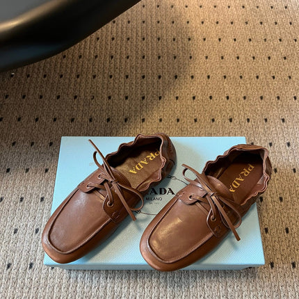 PRADA 26S LACE UP SQUARE TOE LOAFERS IN BROWN CALFSKIN