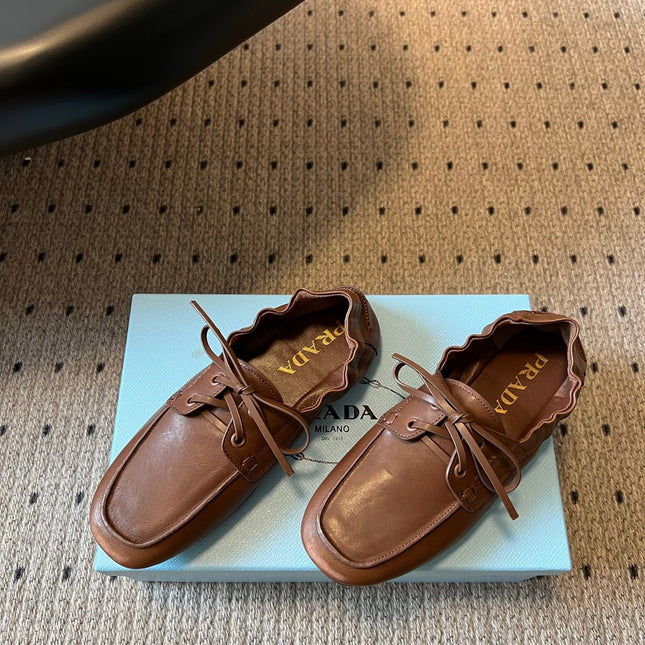 PRADA 26S LACE UP SQUARE TOE LOAFERS IN BROWN CALFSKIN