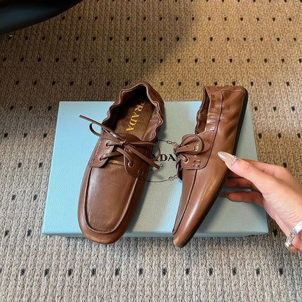 PRADA 26S LACE UP SQUARE TOE LOAFERS IN BROWN CALFSKIN