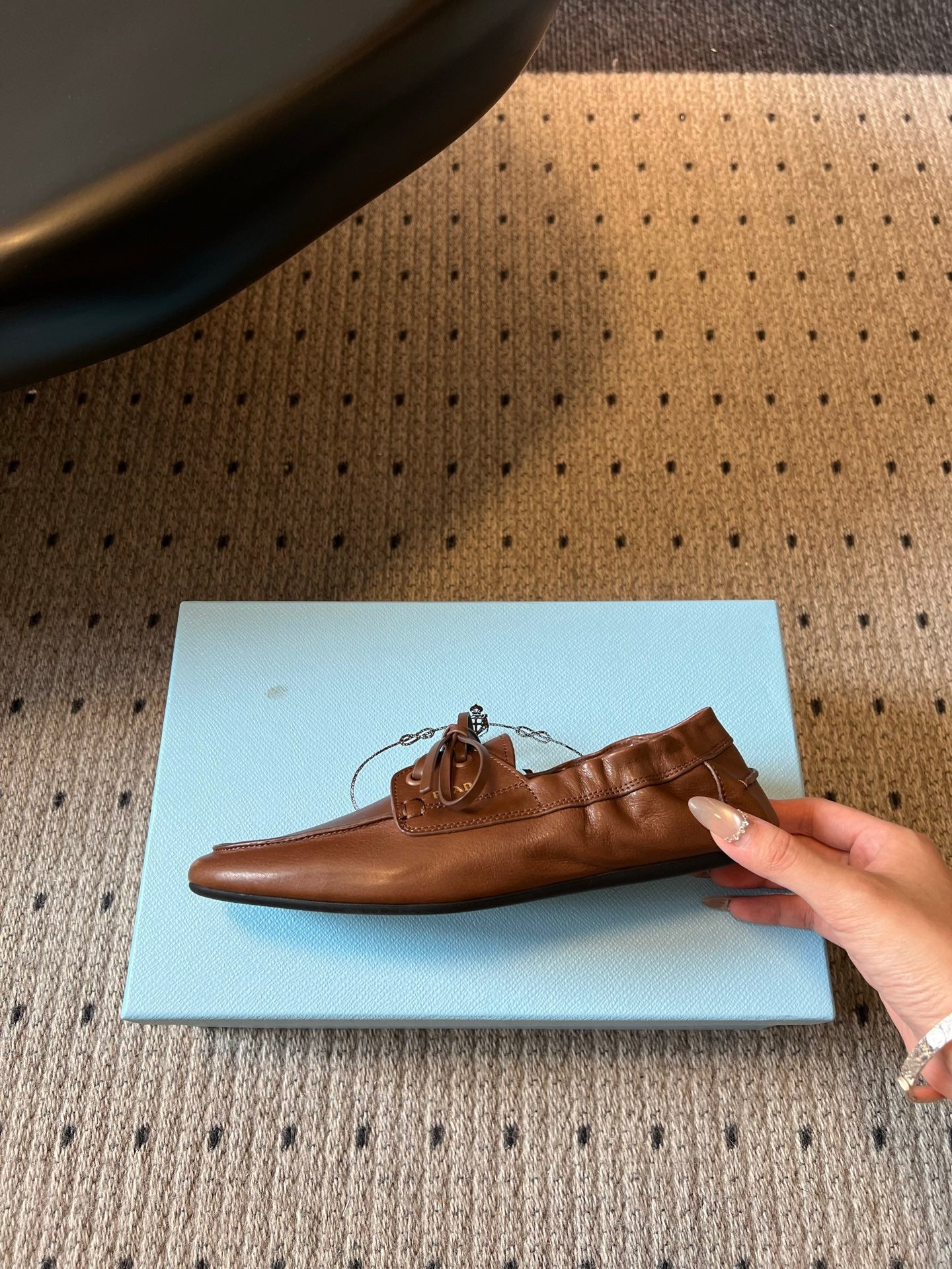 PRADA 26S LACE UP SQUARE TOE LOAFERS IN BROWN CALFSKIN