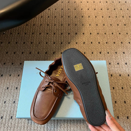 PRADA 26S LACE UP SQUARE TOE LOAFERS IN BROWN CALFSKIN