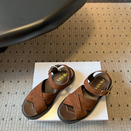 PRADA 26S CROSS STRAP PLATFORM SANDALS 35MM IN BROWN SUEDE