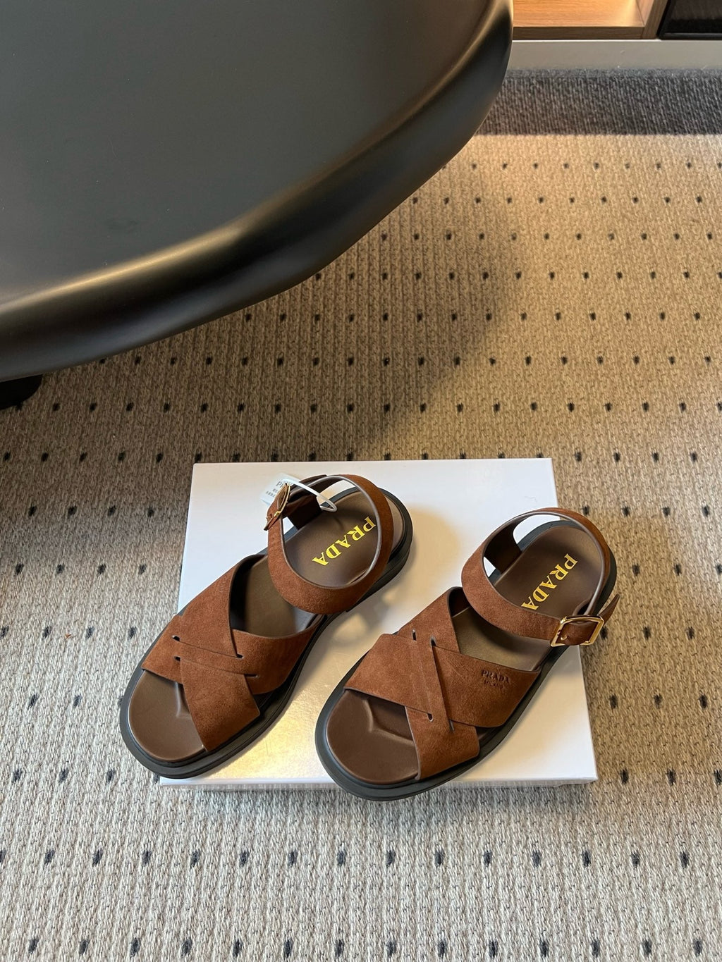 PRADA 26S CROSS STRAP PLATFORM SANDALS 35MM IN BROWN SUEDE