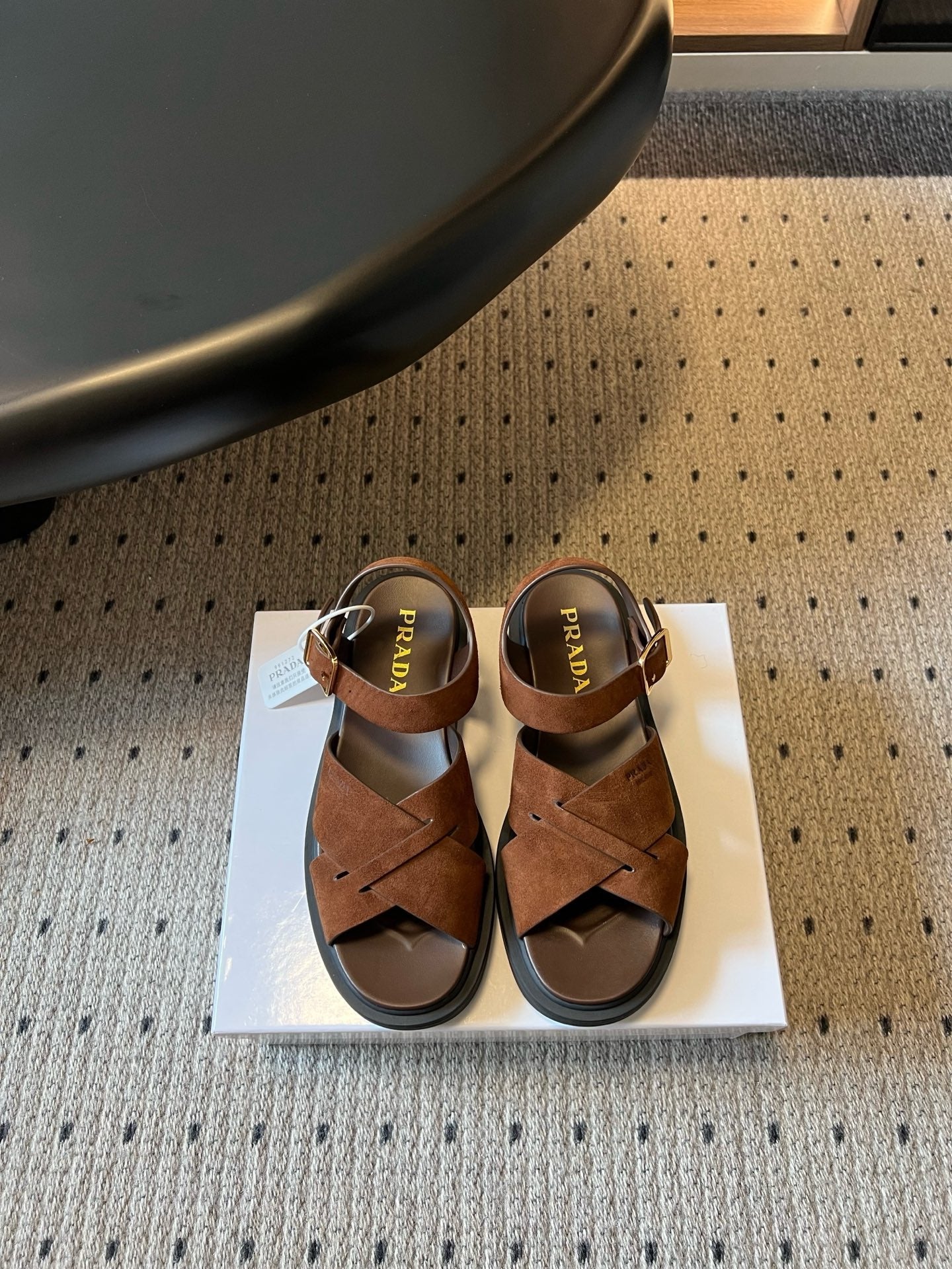 PRADA 26S CROSS STRAP PLATFORM SANDALS 35MM IN BROWN SUEDE