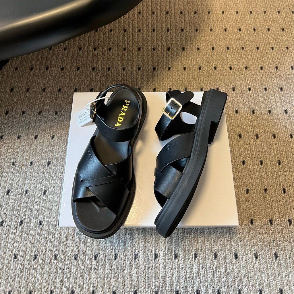 PRADA 26S CROSS STRAP PLATFORM SANDALS 35MM IN BLACK CALFSKIN