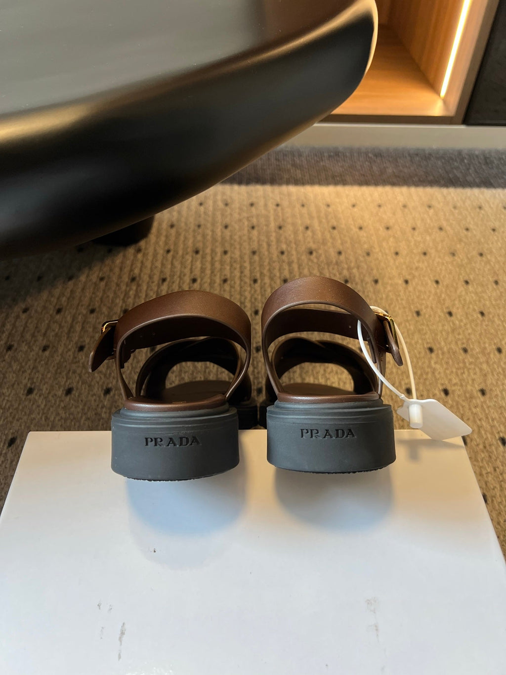 PRADA 26S CROSS STRAP PLATFORM SANDALS 35MM IN DARK BROWN CALFSKIN