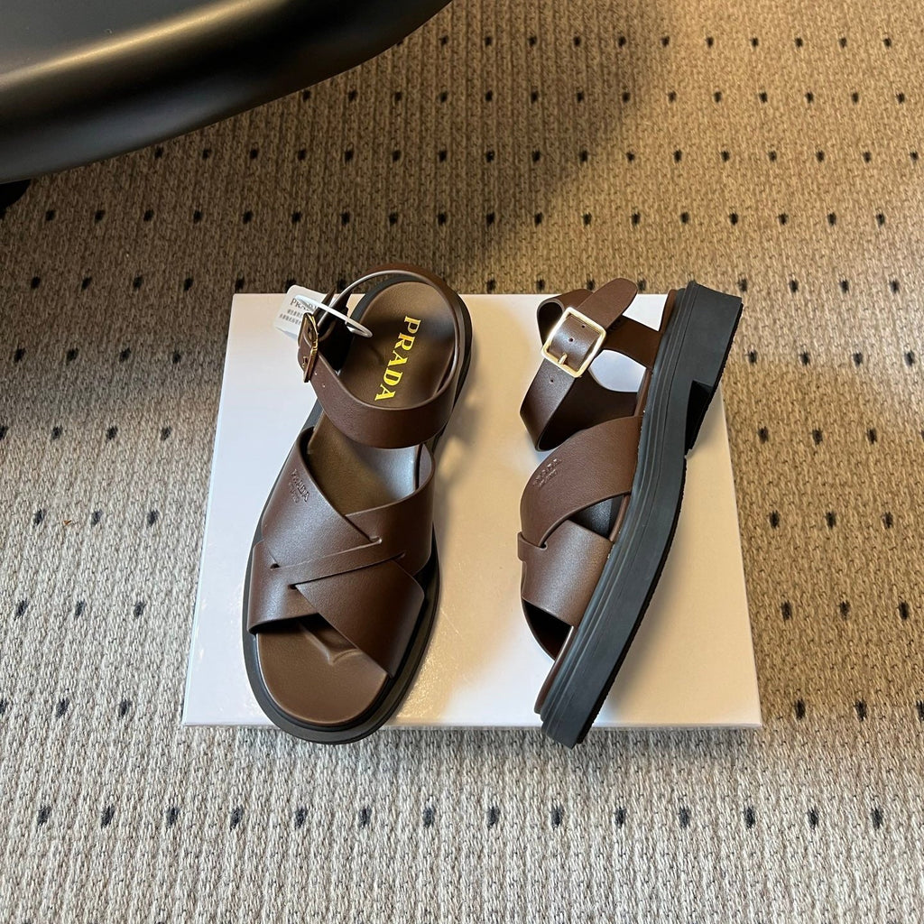 PRADA 26S CROSS STRAP PLATFORM SANDALS 35MM IN DARK BROWN CALFSKIN