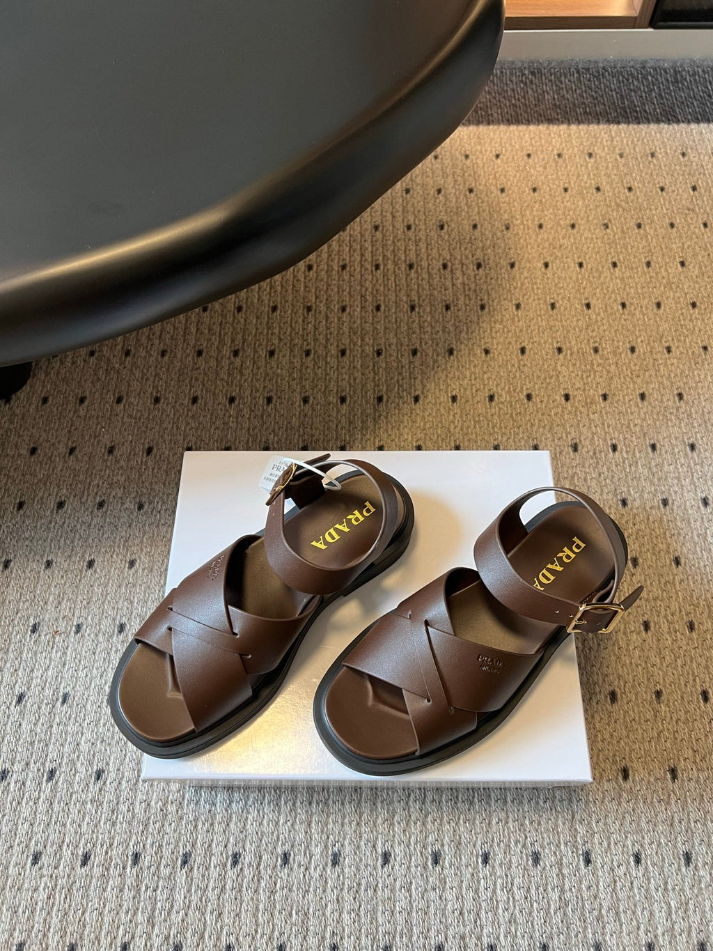PRADA 26S CROSS STRAP PLATFORM SANDALS 35MM IN DARK BROWN CALFSKIN