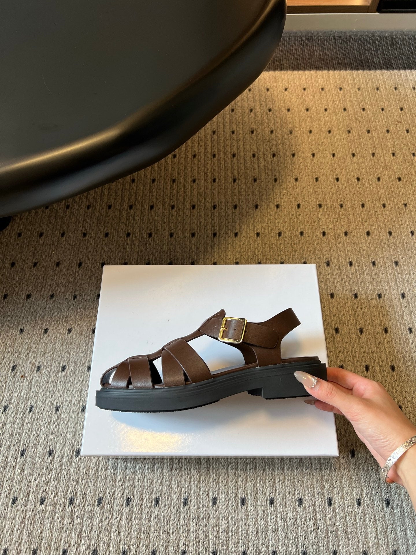 PRADA 26S ANKLE STRAP FISHERMAN SANDALS IN DARK BROWN CALFSKIN
