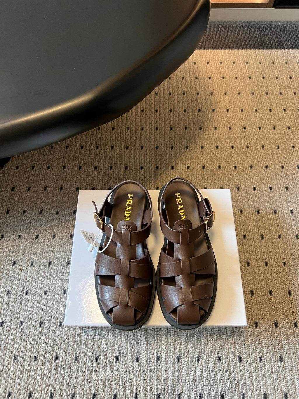 PRADA 26S ANKLE STRAP FISHERMAN SANDALS IN DARK BROWN CALFSKIN