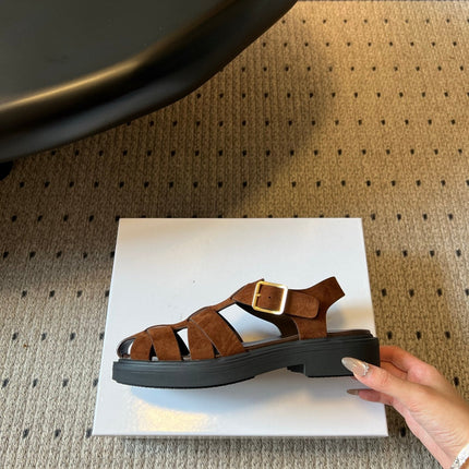 PRADA 26S ANKLE STRAP FISHERMAN SANDALS IN BROWN SUEDE