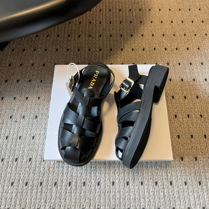 PRADA 26S ANKLE STRAP FISHERMAN SANDALS IN BLACK CALFSKIN