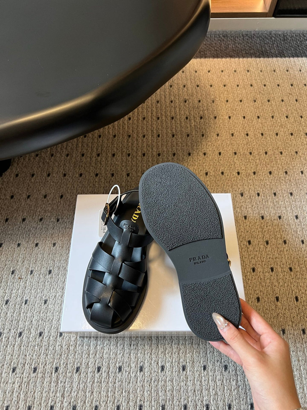 PRADA 26S ANKLE STRAP FISHERMAN SANDALS IN BLACK CALFSKIN