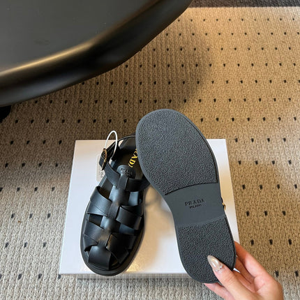 PRADA 26S ANKLE STRAP FISHERMAN SANDALS IN BLACK CALFSKIN