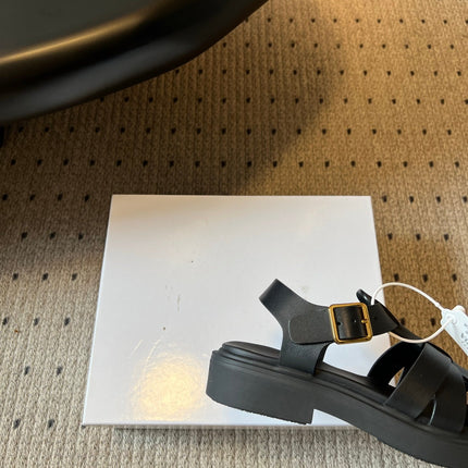 PRADA 26S ANKLE STRAP FISHERMAN SANDALS IN BLACK CALFSKIN