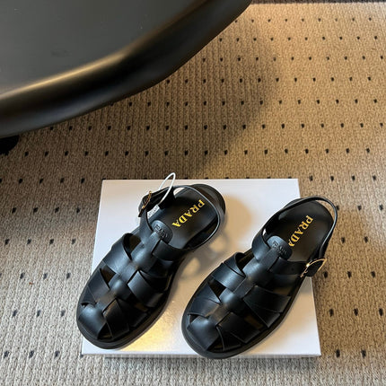 PRADA 26S ANKLE STRAP FISHERMAN SANDALS IN BLACK CALFSKIN