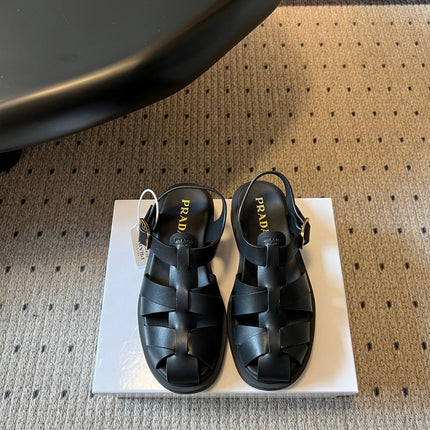 PRADA 26S ANKLE STRAP FISHERMAN SANDALS IN BLACK CALFSKIN