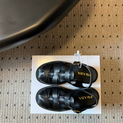 PRADA 26S ANKLE STRAP FISHERMAN SANDALS IN BLACK CALFSKIN
