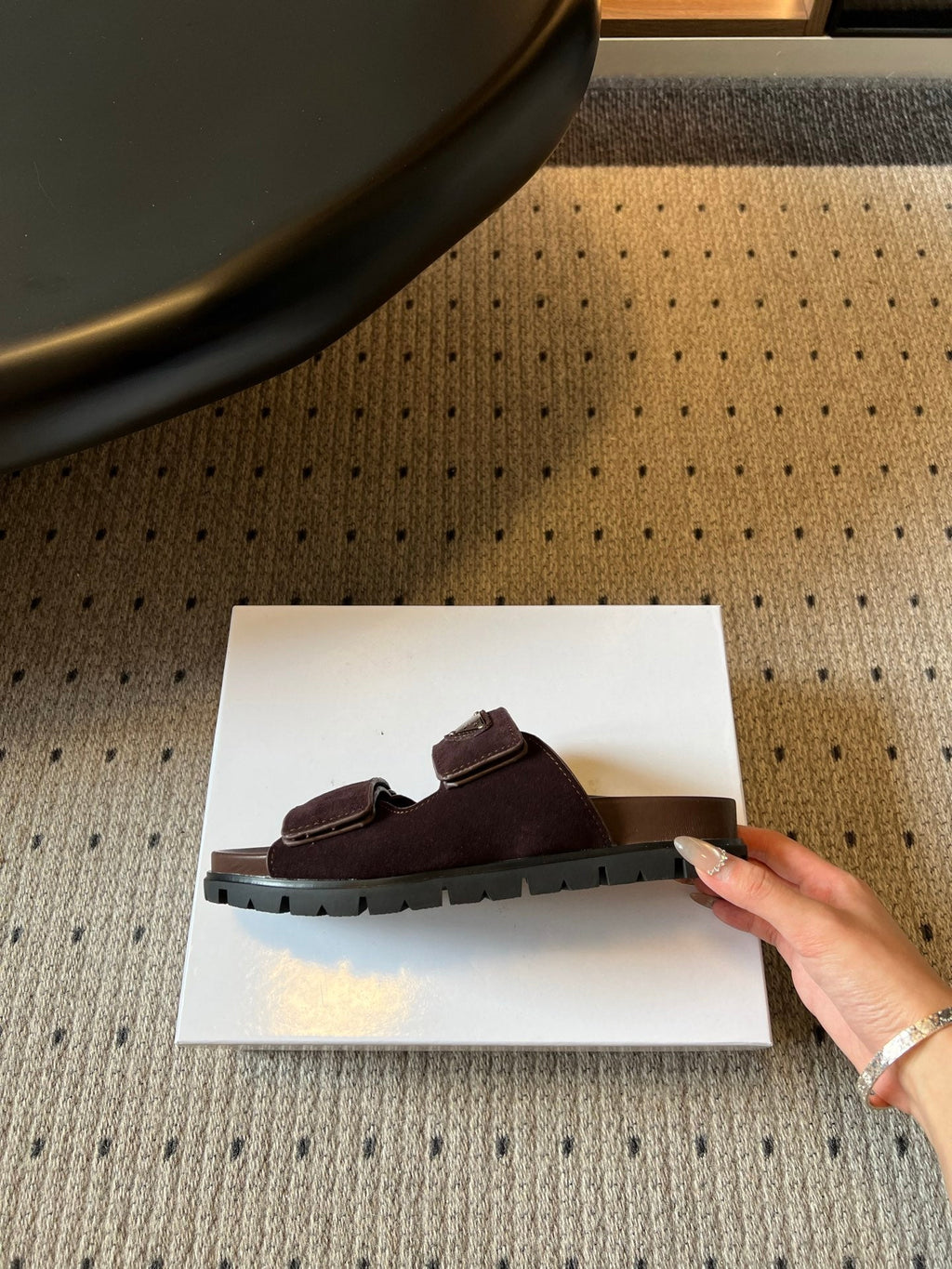 PRADA 26S DOUBLE STRAP SLIDES 35MM IN DARK BROWN SUEDE