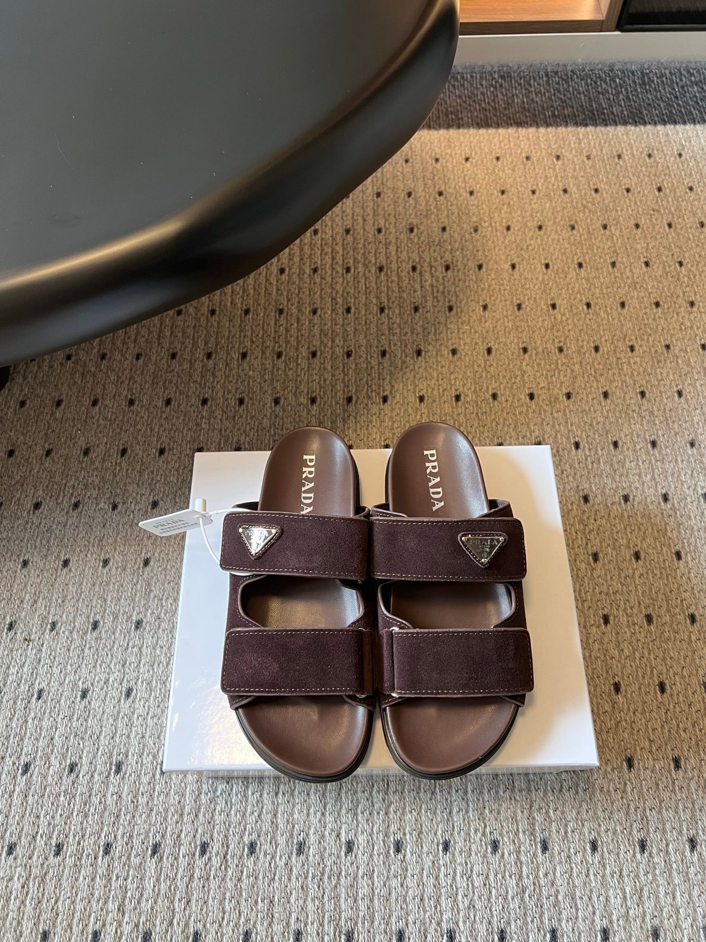 PRADA 26S DOUBLE STRAP SLIDES 35MM IN DARK BROWN SUEDE