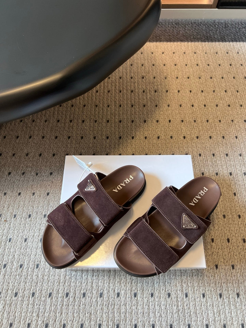 PRADA 26S DOUBLE STRAP SLIDES 35MM IN DARK BROWN SUEDE