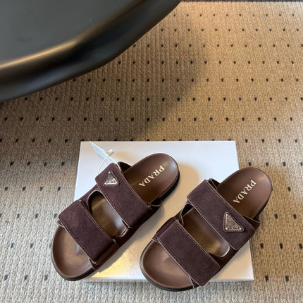 PRADA 26S DOUBLE STRAP SLIDES 35MM IN DARK BROWN SUEDE