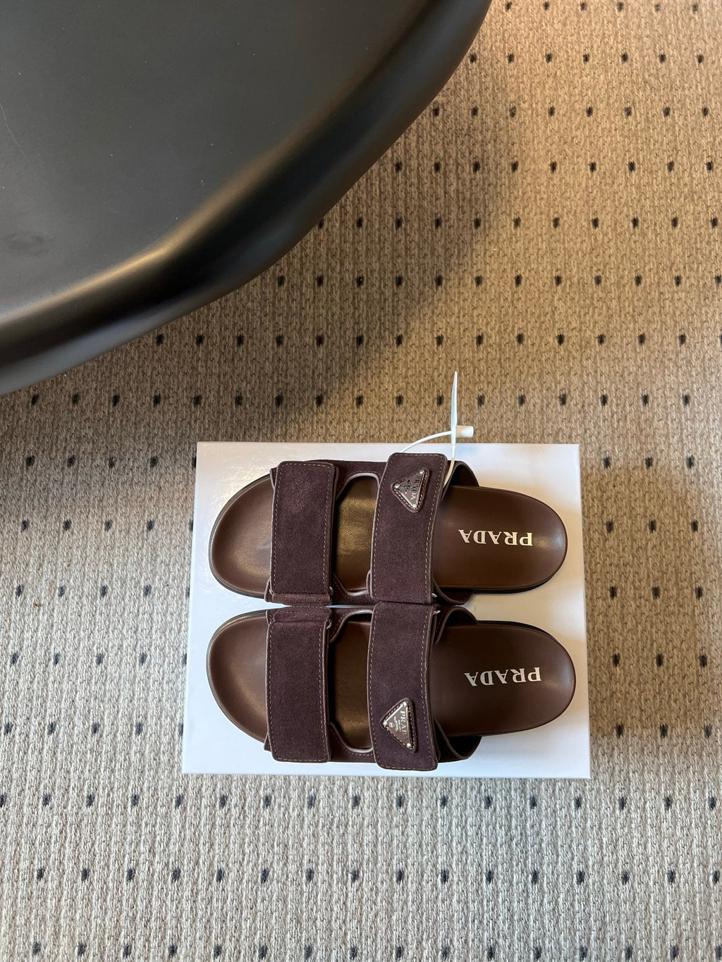 PRADA 26S DOUBLE STRAP SLIDES 35MM IN DARK BROWN SUEDE