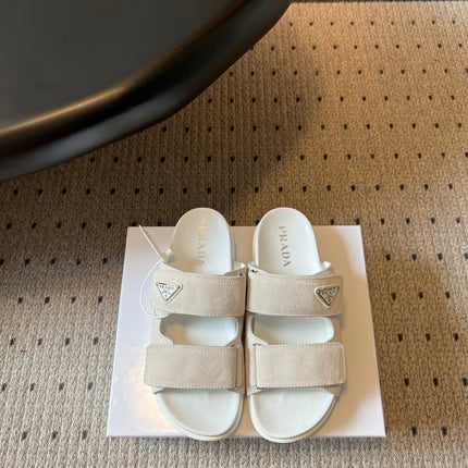 PRADA 26S DOUBLE STRAP SLIDES 35MM IN IVORY WHITE SUEDE