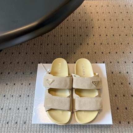 PRADA 26S DOUBLE STRAP SLIDES 35MM IN BEIGE SUEDE