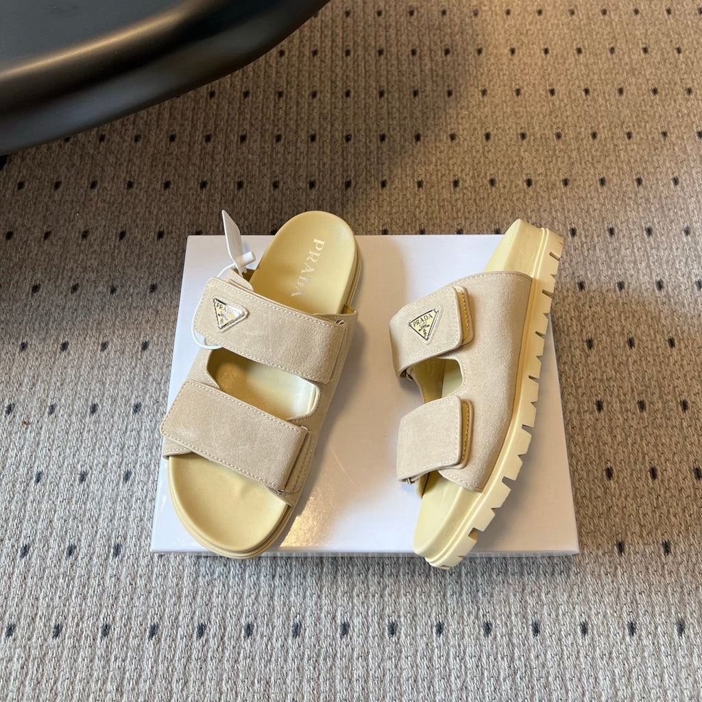 PRADA 26S DOUBLE STRAP SLIDES 35MM IN BEIGE SUEDE