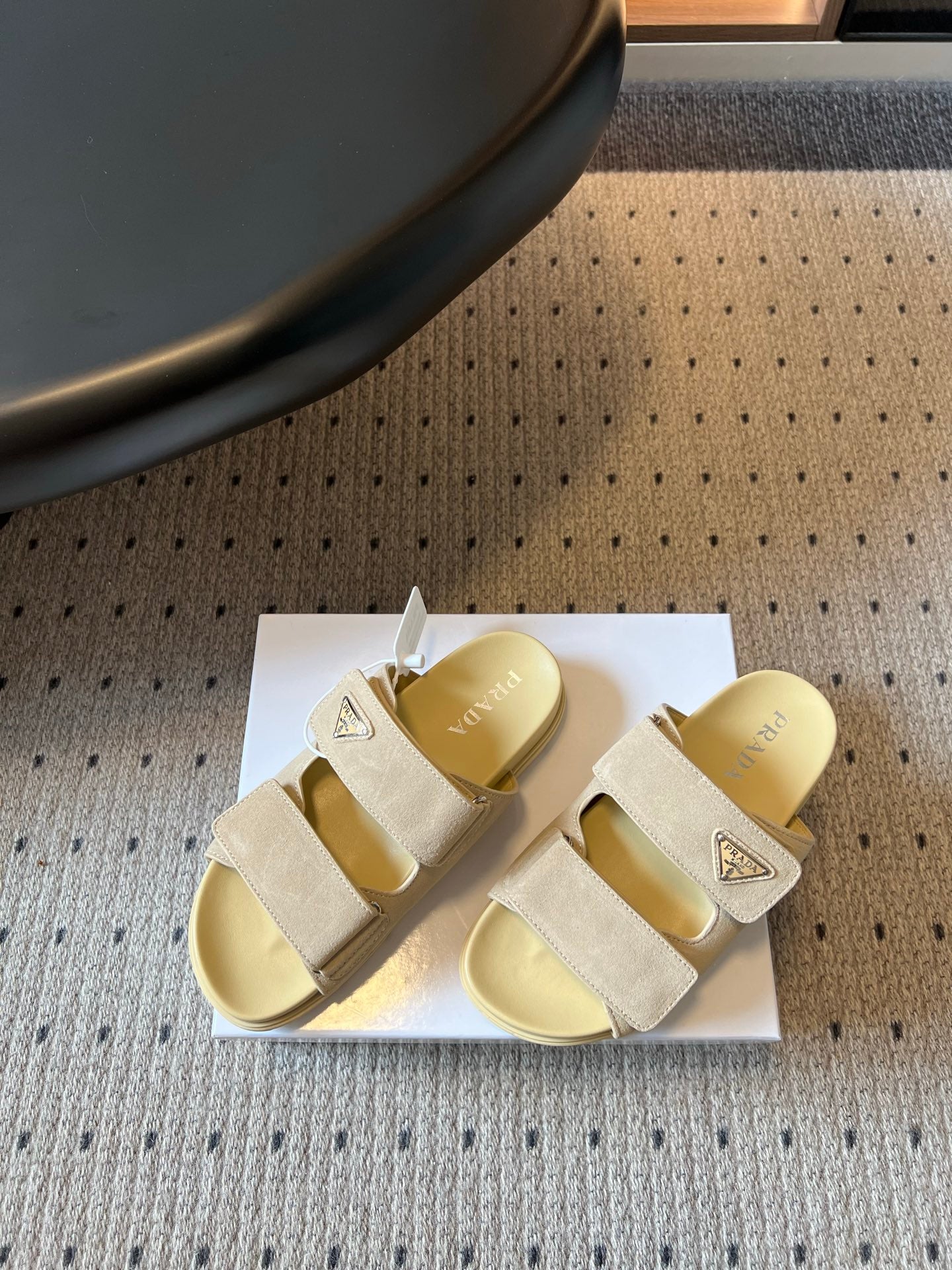 PRADA 26S DOUBLE STRAP SLIDES 35MM IN BEIGE SUEDE