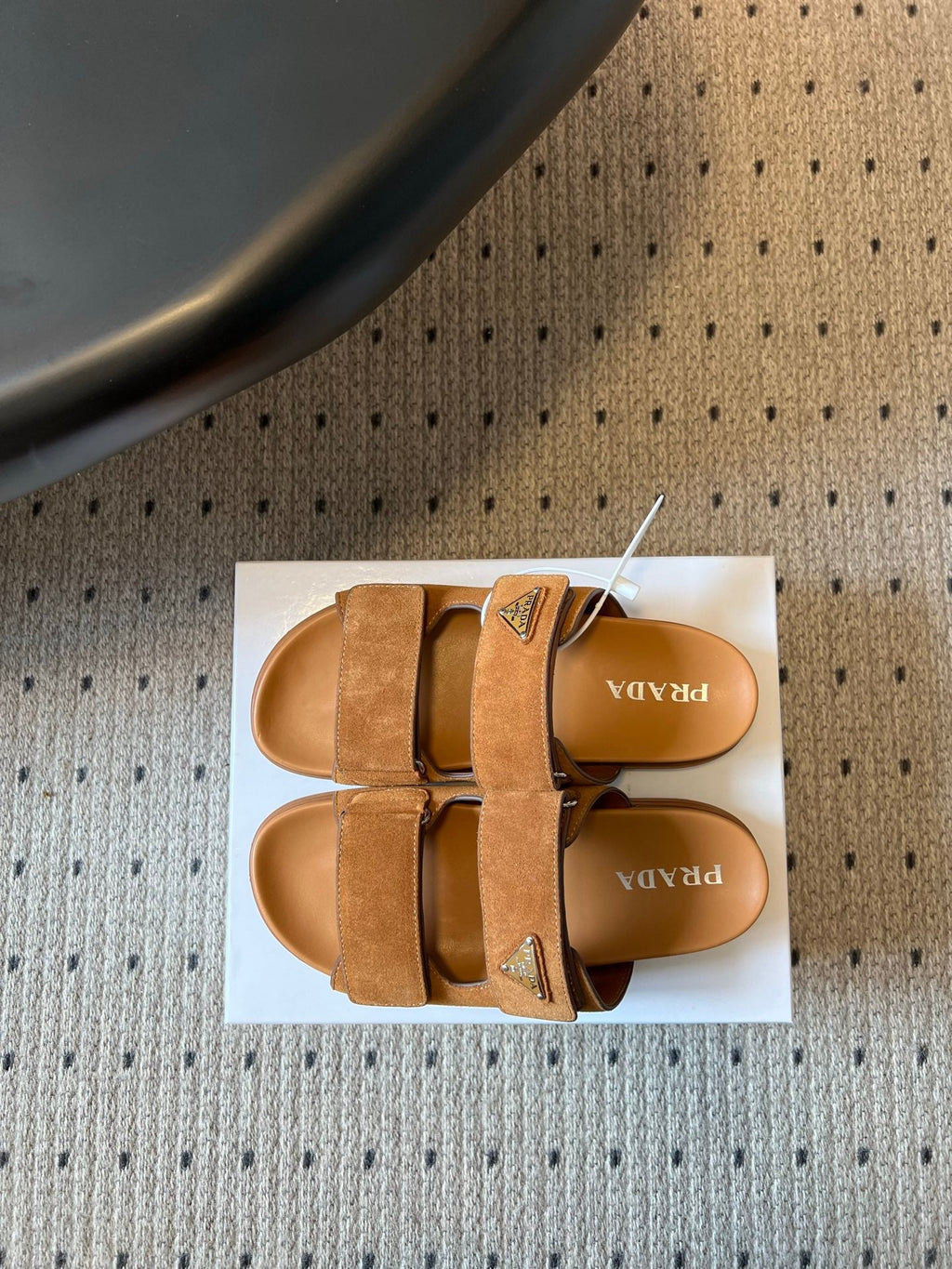 PRADA 26S DOUBLE STRAP SLIDES 35MM IN CARAMEL BROWN SUEDE