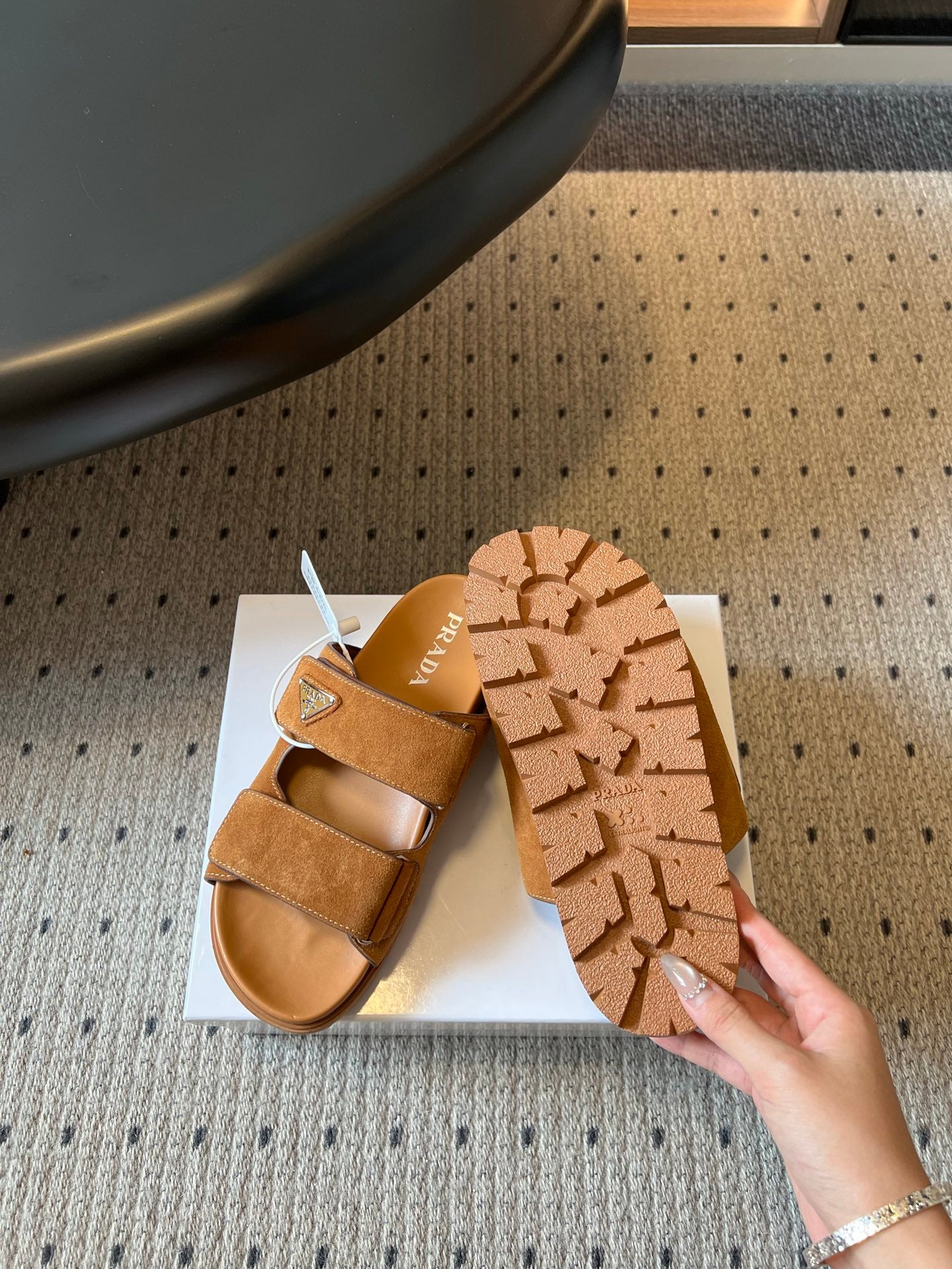 PRADA 26S DOUBLE STRAP SLIDES 35MM IN CARAMEL BROWN SUEDE