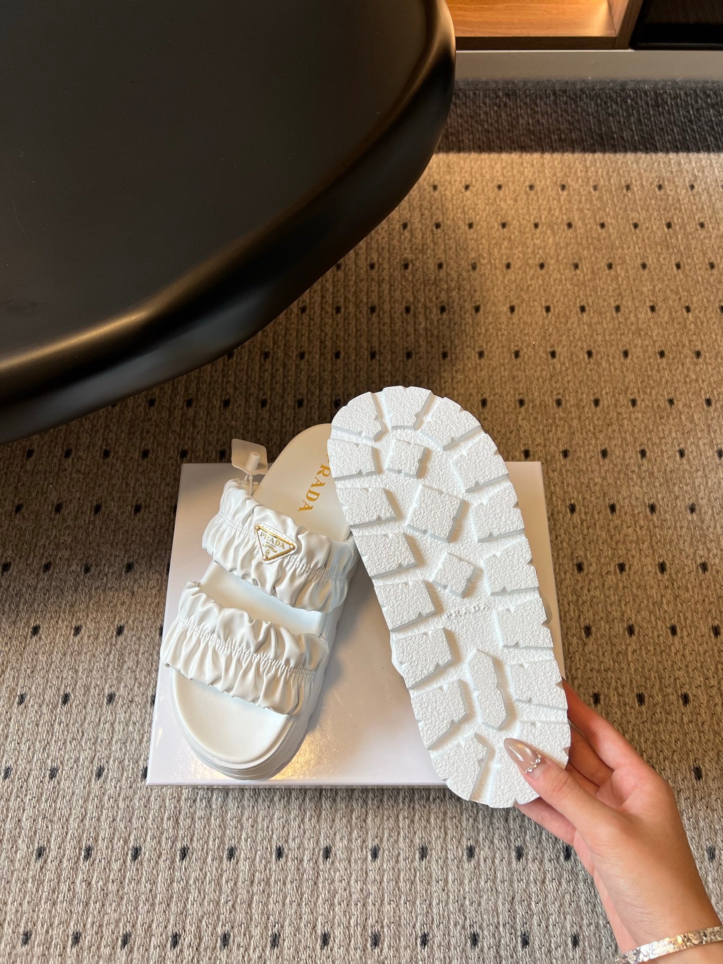 PRADA 26S RUCHED DOUBLE STRAP PLATFORM SLIDES 55MM IN WHITE CALFSKIN