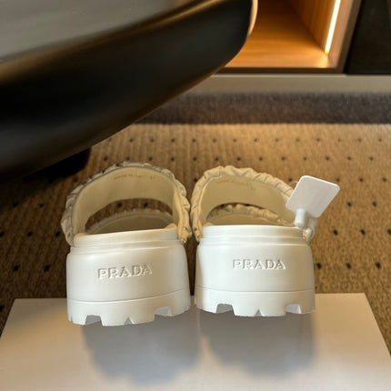 PRADA 26S RUCHED DOUBLE STRAP PLATFORM SLIDES 55MM IN WHITE CALFSKIN