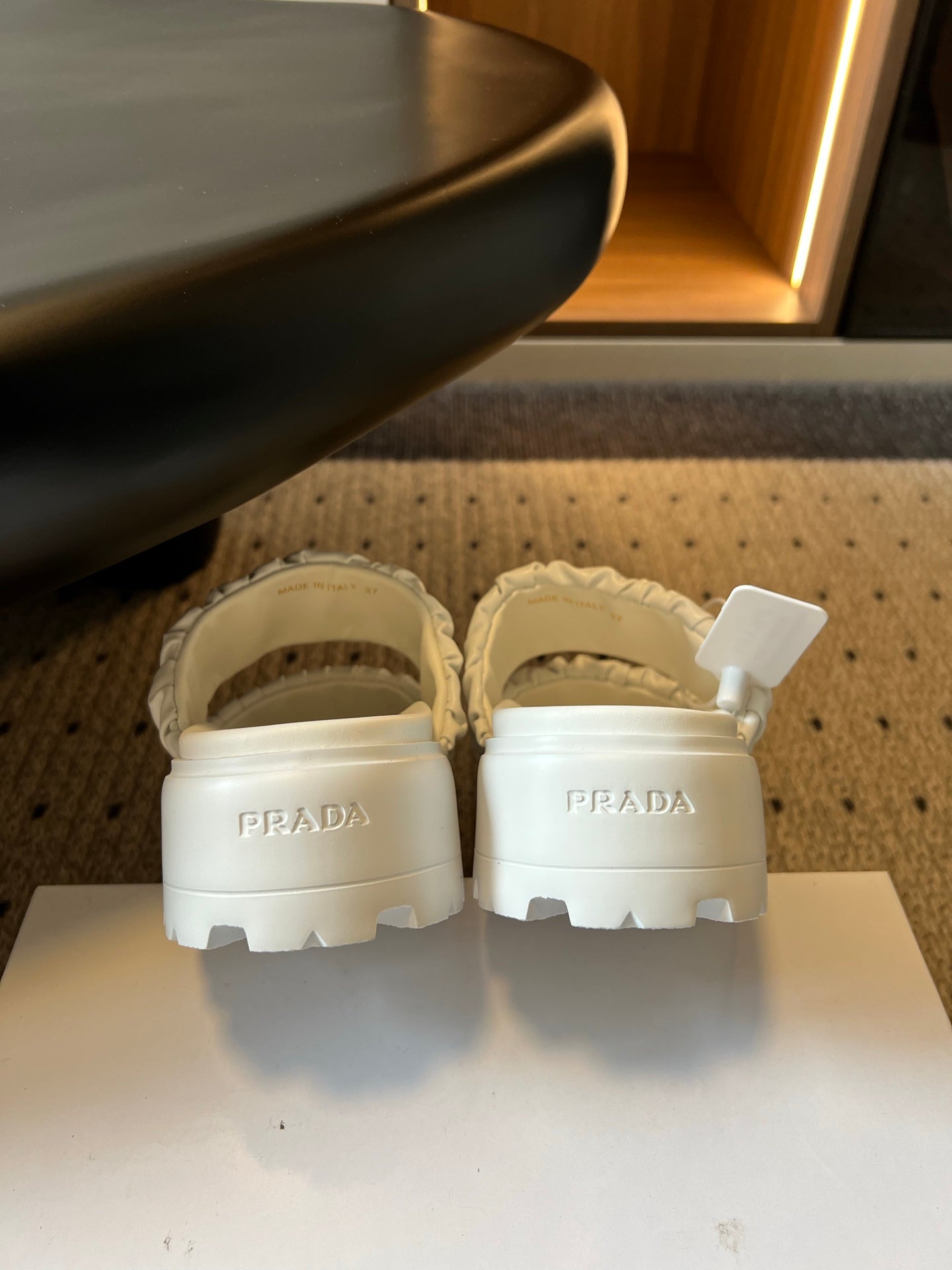 PRADA 26S RUCHED DOUBLE STRAP PLATFORM SLIDES 55MM IN WHITE CALFSKIN